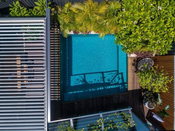 Drone view of a tropical pool landscape design in Perth
